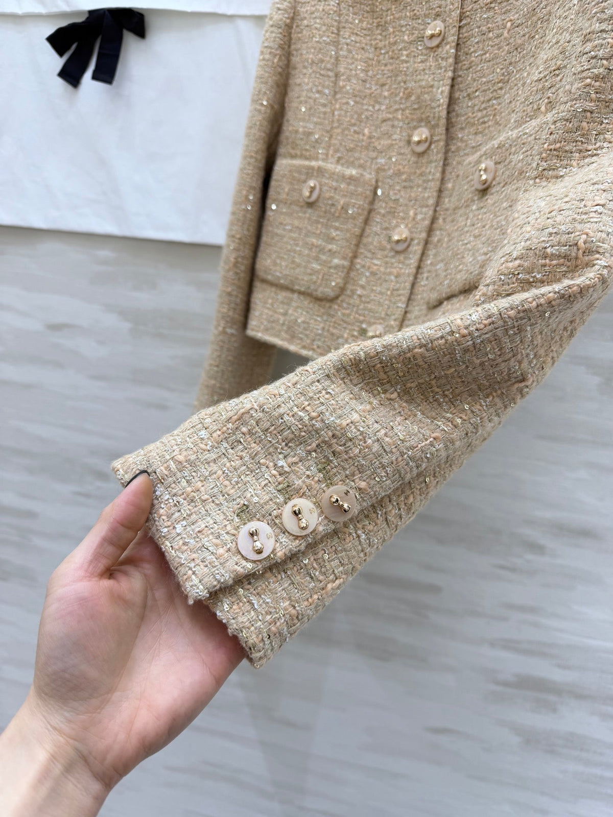 CC 26s Coat 3D Floral Embellished Beige Wool Blend Tweed