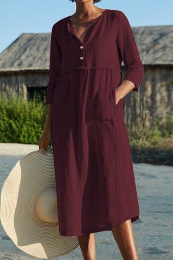 Round neck button pocket cotton and linen sleeves solid color dress