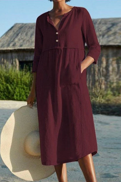 Round neck button pocket cotton and linen sleeves solid color dress