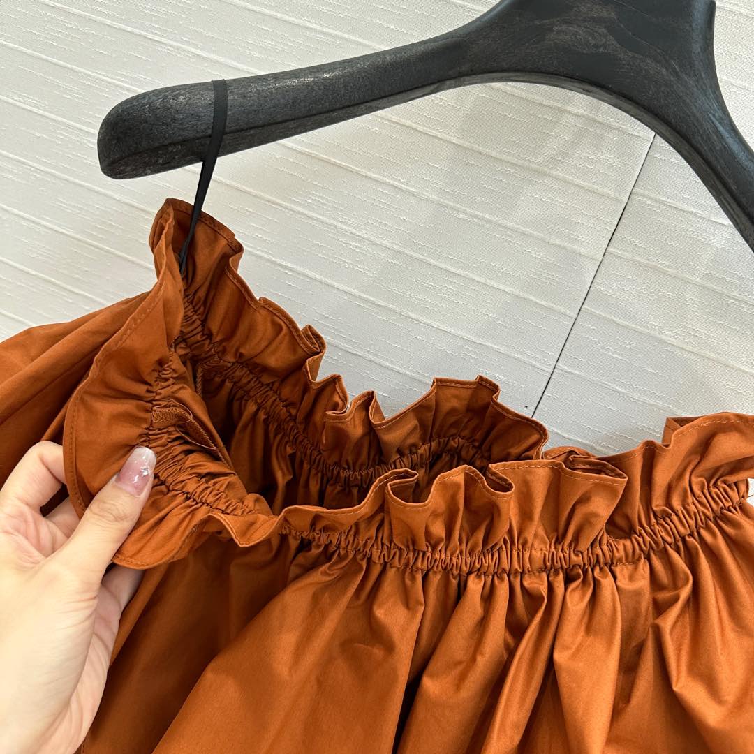 YSL One-shoulder Drawstring Puff Sleeve Dress Caramel Cotton