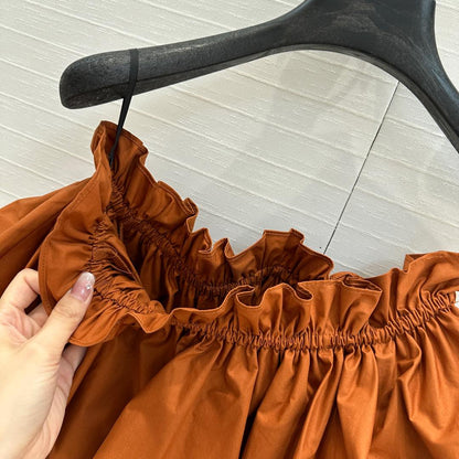 YSL One-shoulder Drawstring Puff Sleeve Dress Caramel Cotton
