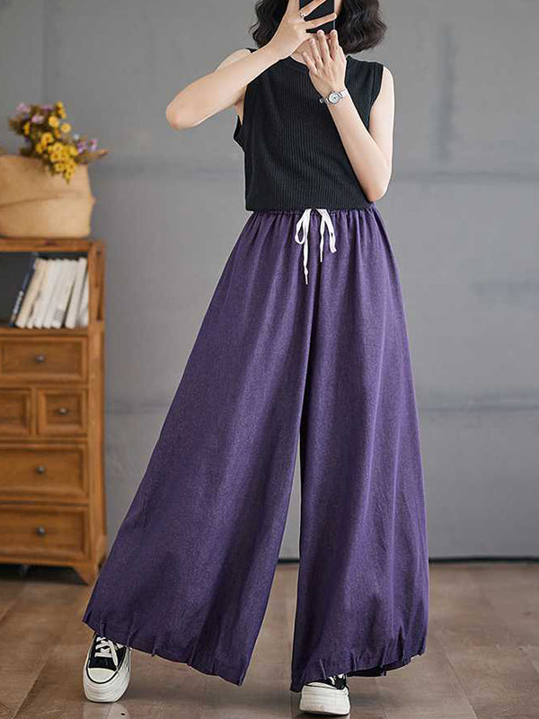 High Waisted Loose Drawstring Elasticity Pleated Pockets Culotte Knickerbockers