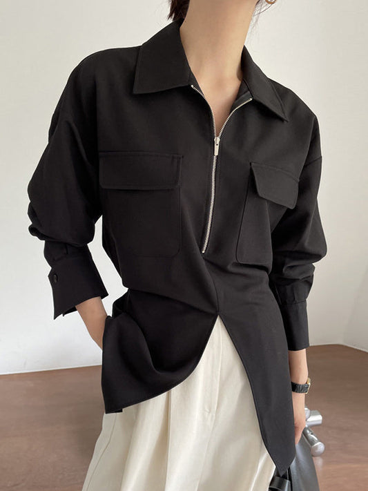 Long Sleeves Raglan Sleeve Pockets Split-Front Split-Joint Tied Zipper Lapel Blouses&Shirts Tops