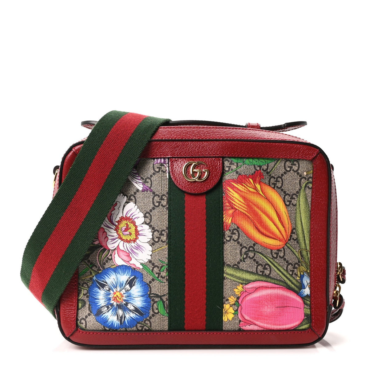 GG Supreme Monogram Flora Web Small Ophidia Top Handle Shoulder Bag Hibiscus Red