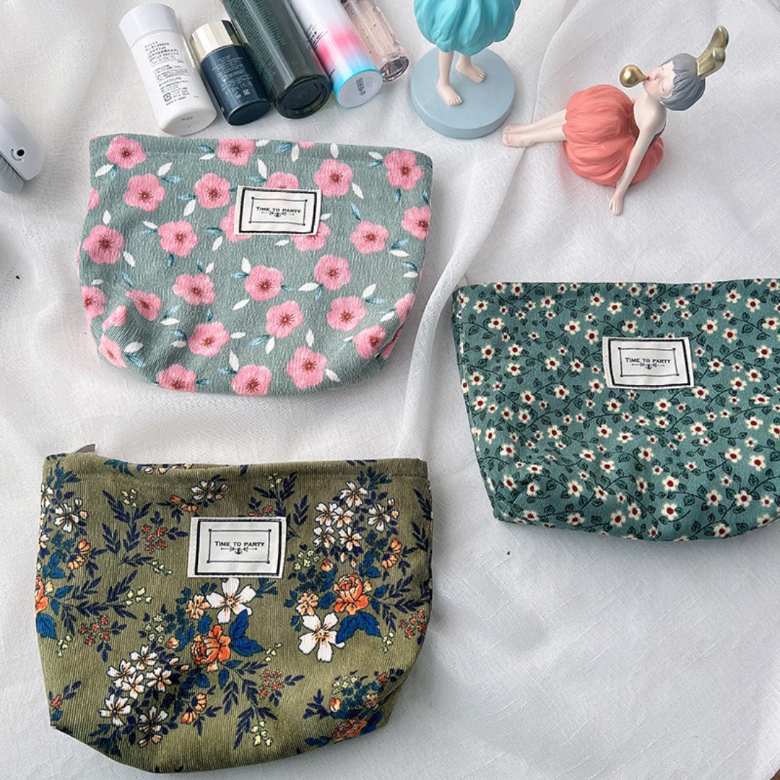 Cosbai - Corduroy Floral Cosmetic &amp; Storage Bag