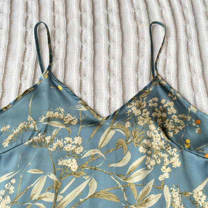Cherry Blossom Pattern Faux Silk Pajama Set (2-Piece)
