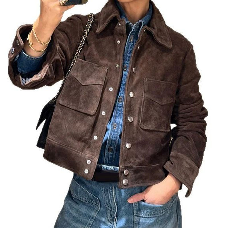 Casual Lapel Collar Suede Single Button Cropped Coat