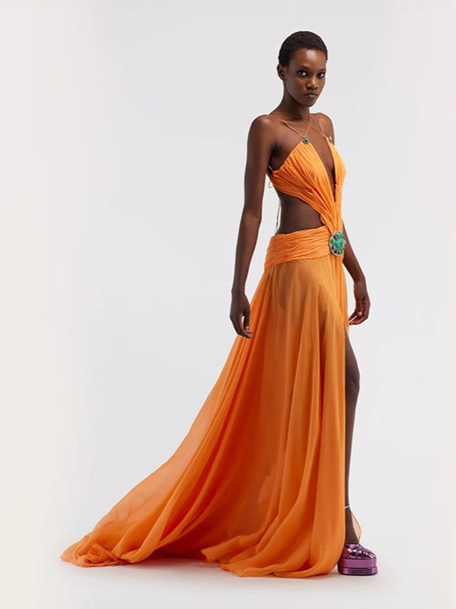 Callista Sexy Ruched Mesh Backless Maxi Dress