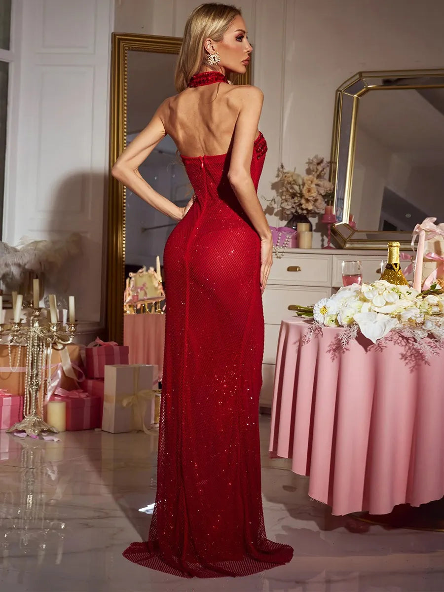 Rosalyn Rhinestone Mesh Heart Maxi Dress