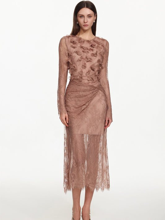 Augusta Flowy Long Sleeve Twist Floral Lace Maxi Dress