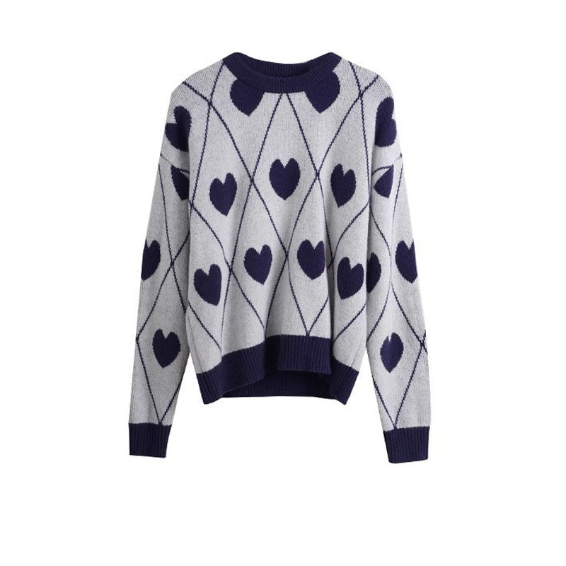Sweet Heart Jacquard Crew Neck Knit Sweater