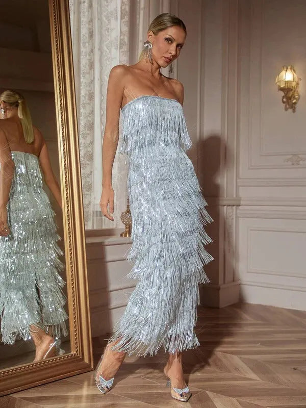 Gerardi Strapless Sequin Fringe Midi Dress