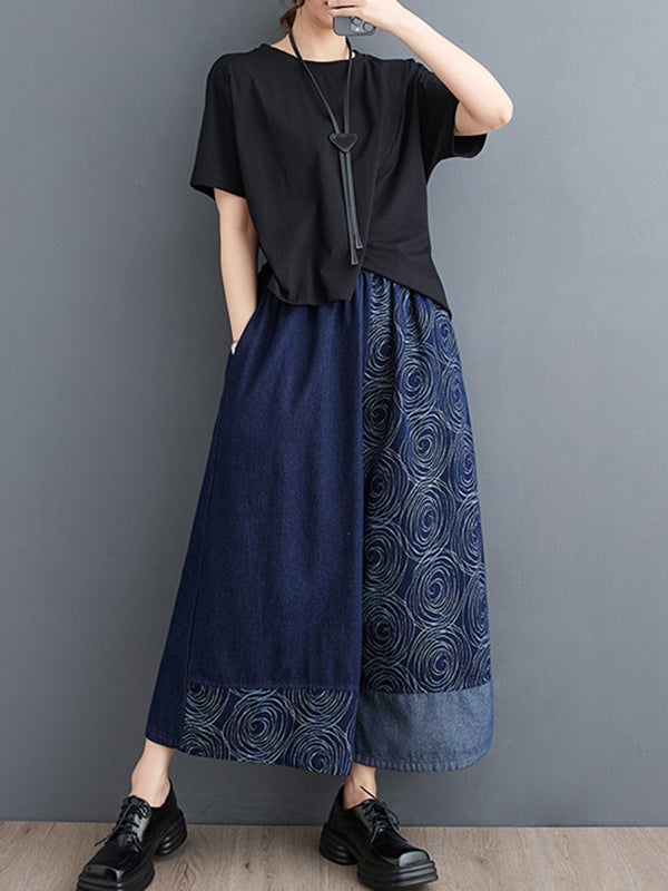 High Waisted Loose Asymmetric Elasticity Printed Split-Joint Jean Pants Bottoms