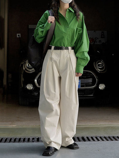 High Waisted Loose Pleated Solid Color Casual Pants Bottoms Trousers