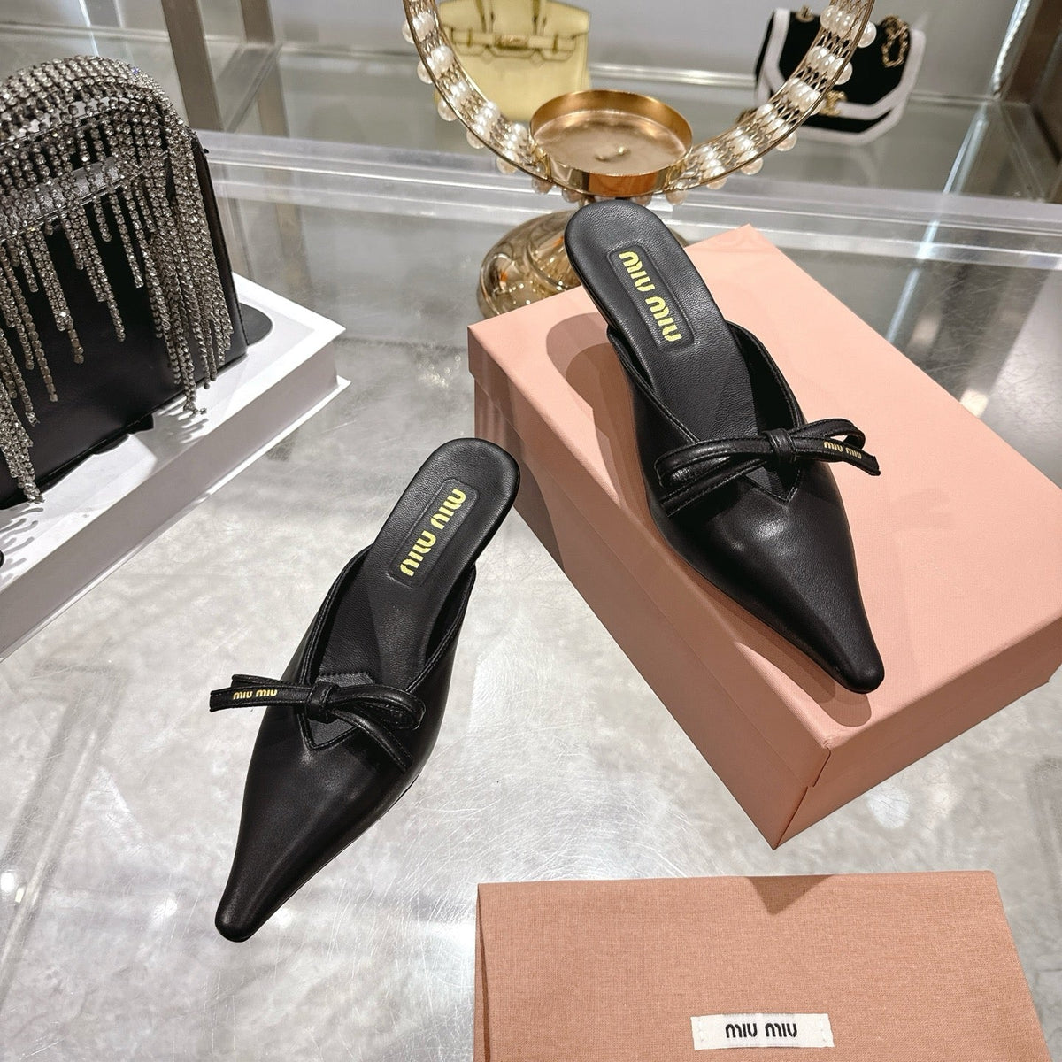 Miu 26 Pointed Toe Mule 45 Black Sheepskin 592089