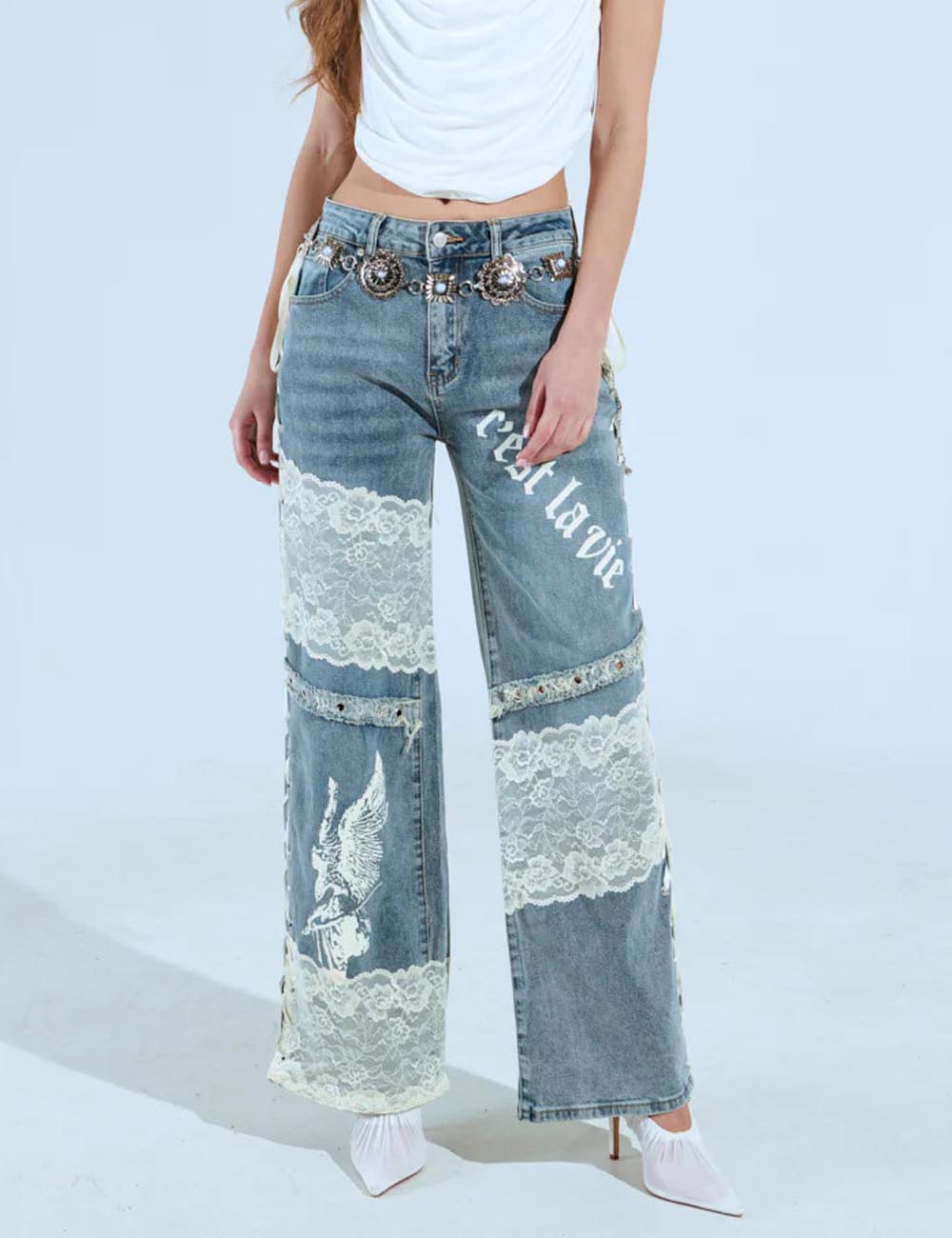 Lace Splicing Low Rise Straight Leg Jeans
