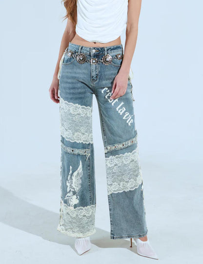 Lace Splicing Low Rise Straight Leg Jeans