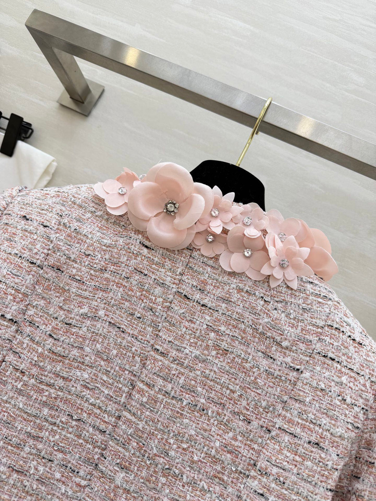 CC 26s Coat 3D Floral Embellished Light Pink Wool Blend Tweed