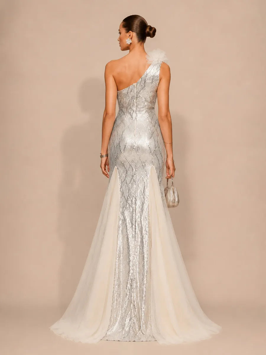 Juliette Elegant Contour One Shoulder Sequin Maxi Dress