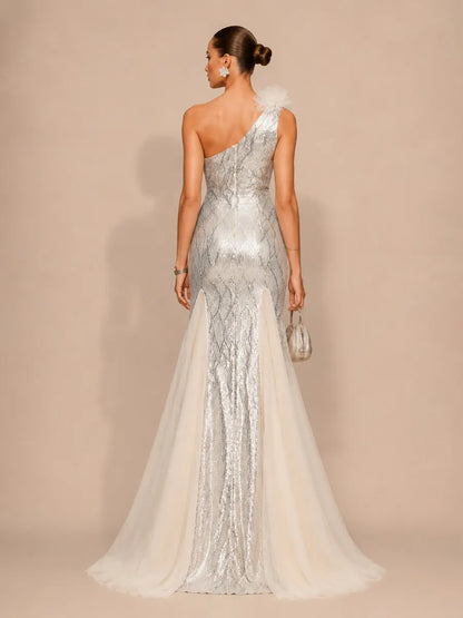 Juliette Elegant Contour One Shoulder Sequin Maxi Dress