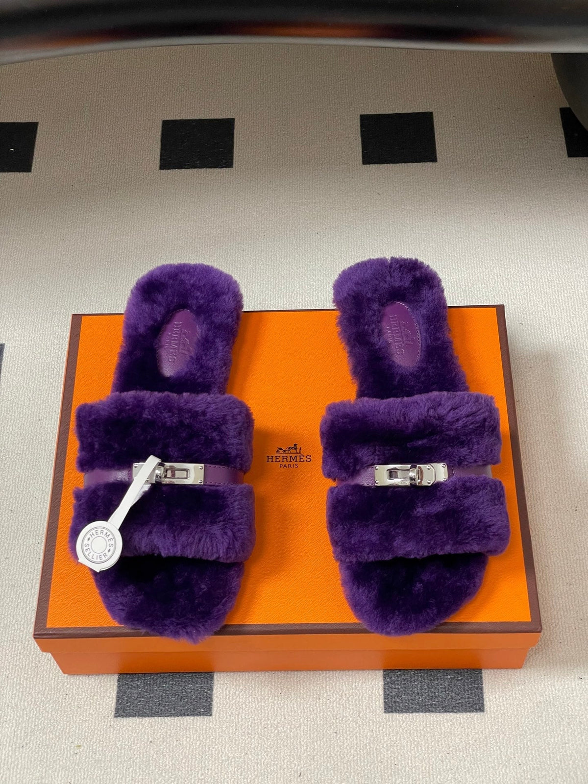 Hermes Giulia Kelly Buckle H-Slippers Purple in Wool 594326