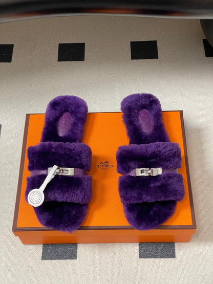 Hermes Giulia Kelly Buckle H-Slippers Purple in Wool 594326