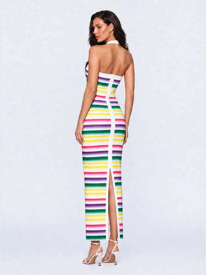 Gia Color Blocking Striped Halter Maxi Dress