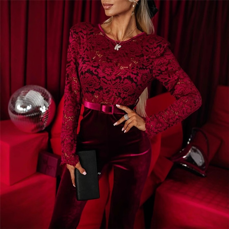 Lace Backless Slim Fit Jumpsuit With Long Sleeves
