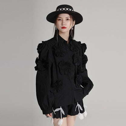 Cotton Long Sleeve Shirt With 3D Floral Embroidery