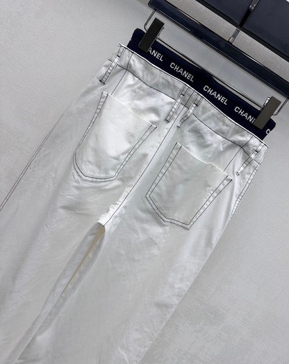 CC Drawstring Webbing Trousers White Cotton Tencel 350186
