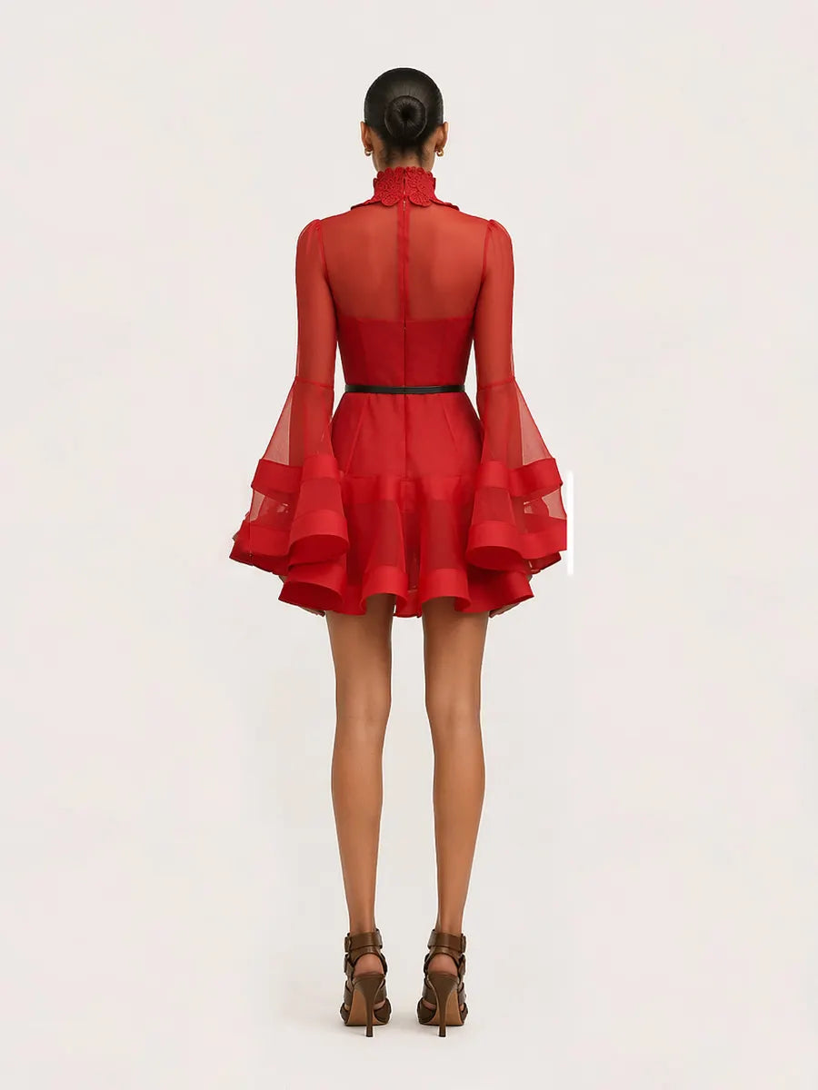 Peyton Long-Sleeve Mesh Mini Dress In Red