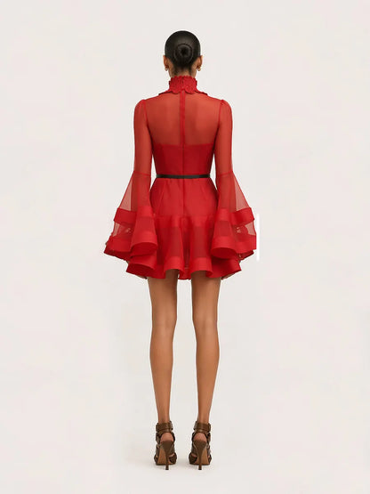 Peyton Long-Sleeve Mesh Mini Dress In Red