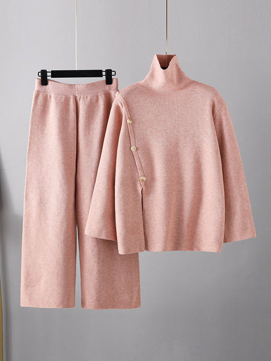 Urban Loose Buttoned Split-Front Solid Color High-Neck Sweater Tops &Wide Leg Pants Two Pieces Set