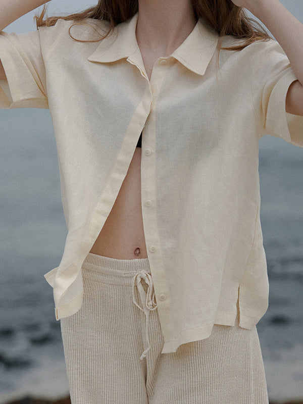 Loose Short Sleeves Buttoned Pleated Solid Color Split-Side Lapel Blouses&Shirts Tops