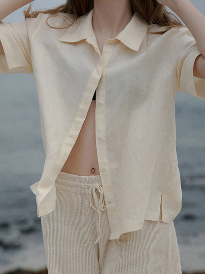 Loose Short Sleeves Buttoned Pleated Solid Color Split-Side Lapel Blouses&Shirts Tops