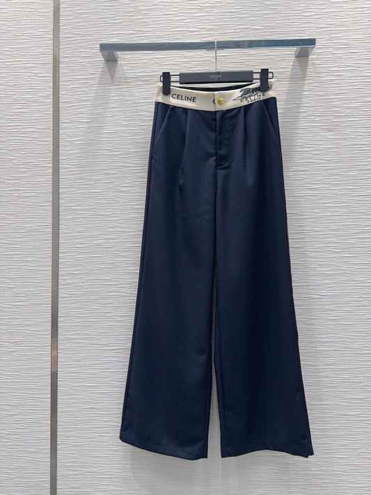 Celine 26S Wide-leg Trousers Celine Belt Navy Blue Polyester Viscose 351295