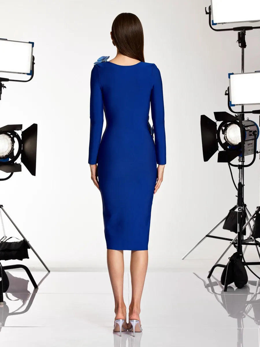 Riley V Neck Flower Bandage Midi Dress