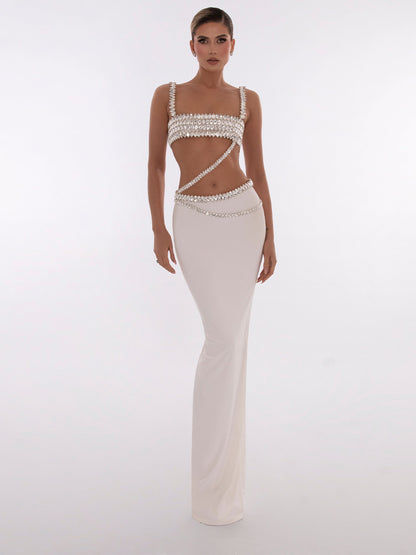 Beaded Crop Top And Skirt In White