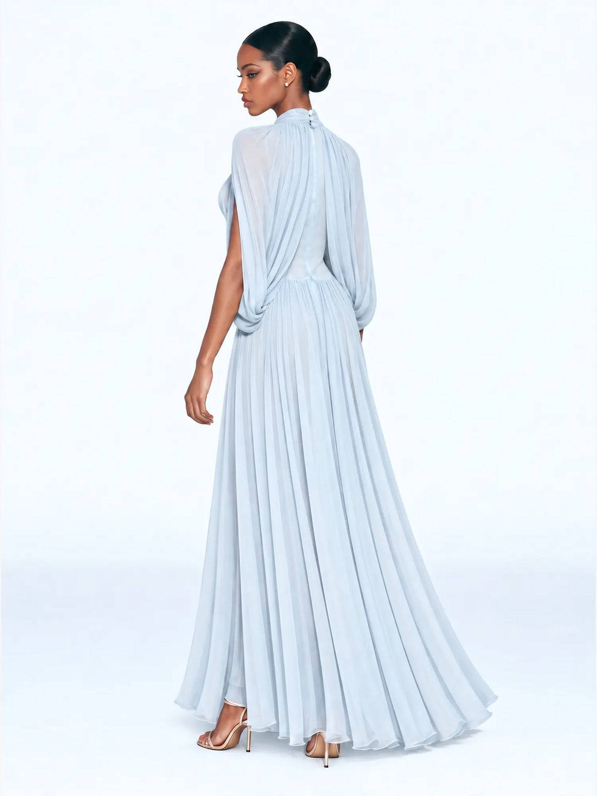 Mirabelle Stand-Collar Pleated Maxi Dress