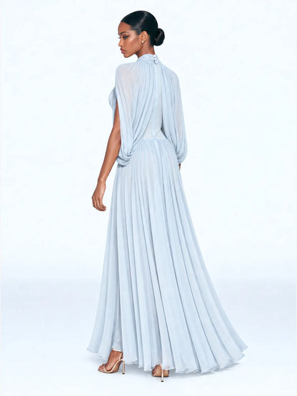 Mirabelle Stand-Collar Pleated Maxi Dress