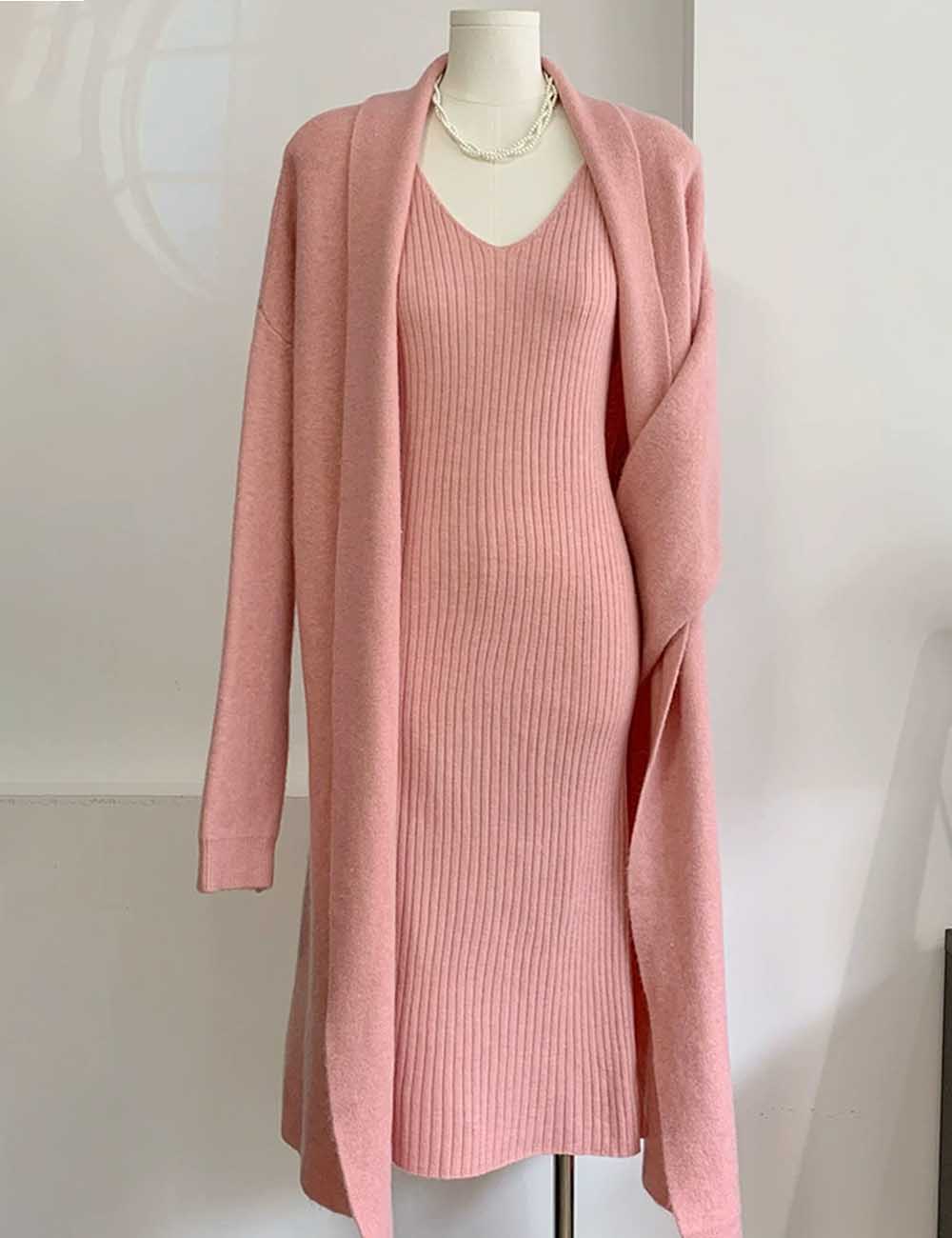 2 Pcs Elegant Fall Long Sleeve Cardigan Tank Dress