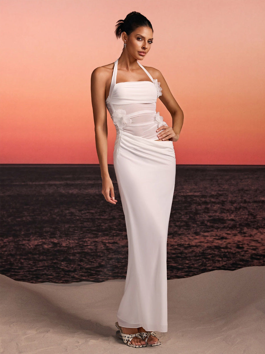 Ariella Halterneck Flower Maxi Dress In White