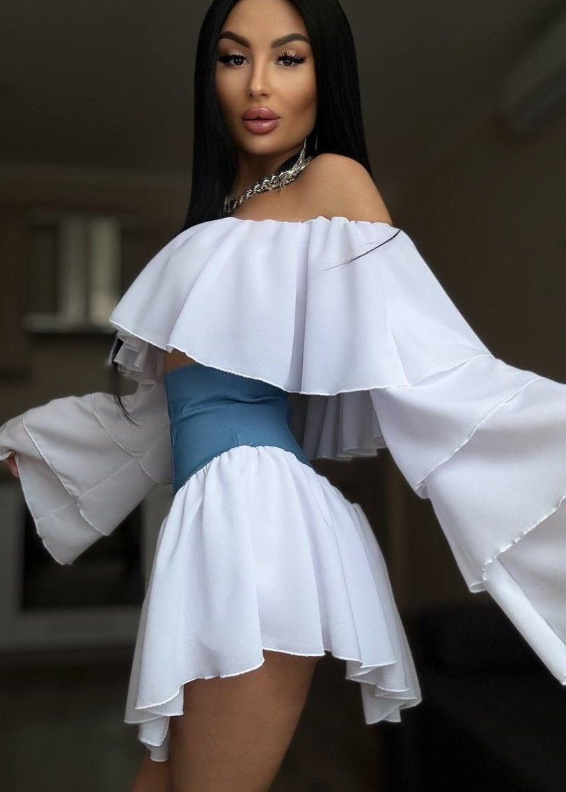 Off Shoulder Ruffle Sleeve Two Tone Mini Dress