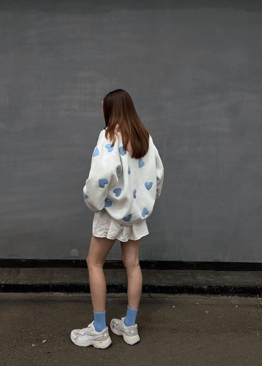 White Sweatshirt Soft Fabric Blue Heart Appliques