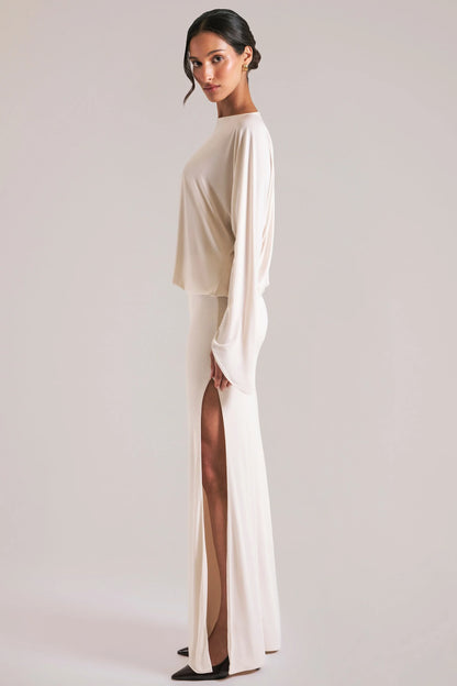 Long-Sleeve Draped Maxi Dress in Ivory