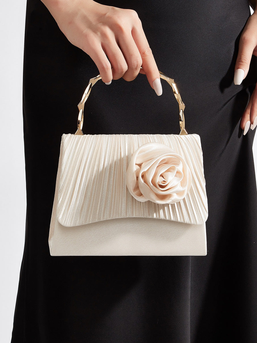 Eloise Pleated Satin Flower Gold Bamboo Handle Bag