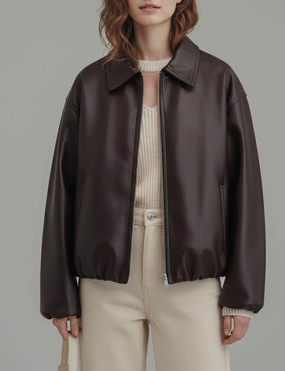 Simple Zipper Lapel Oversize Leather Jacket