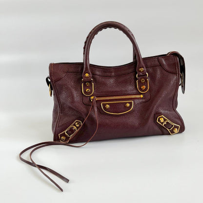 Balenciaga Burgundy Leather Small Metallic Edge City Bag