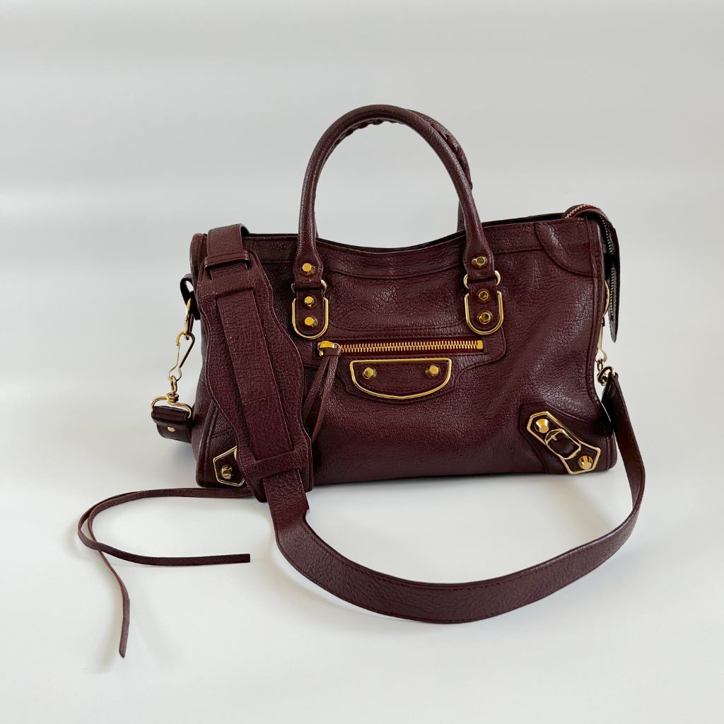 Balenciaga Burgundy Leather Small Metallic Edge City Bag