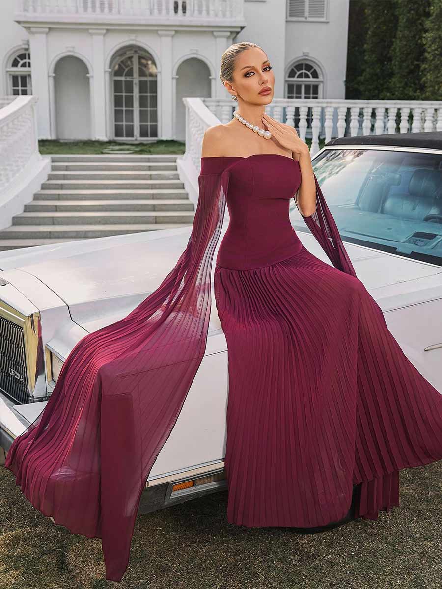 Clara Off Shoulder Pleated Maxi Dress